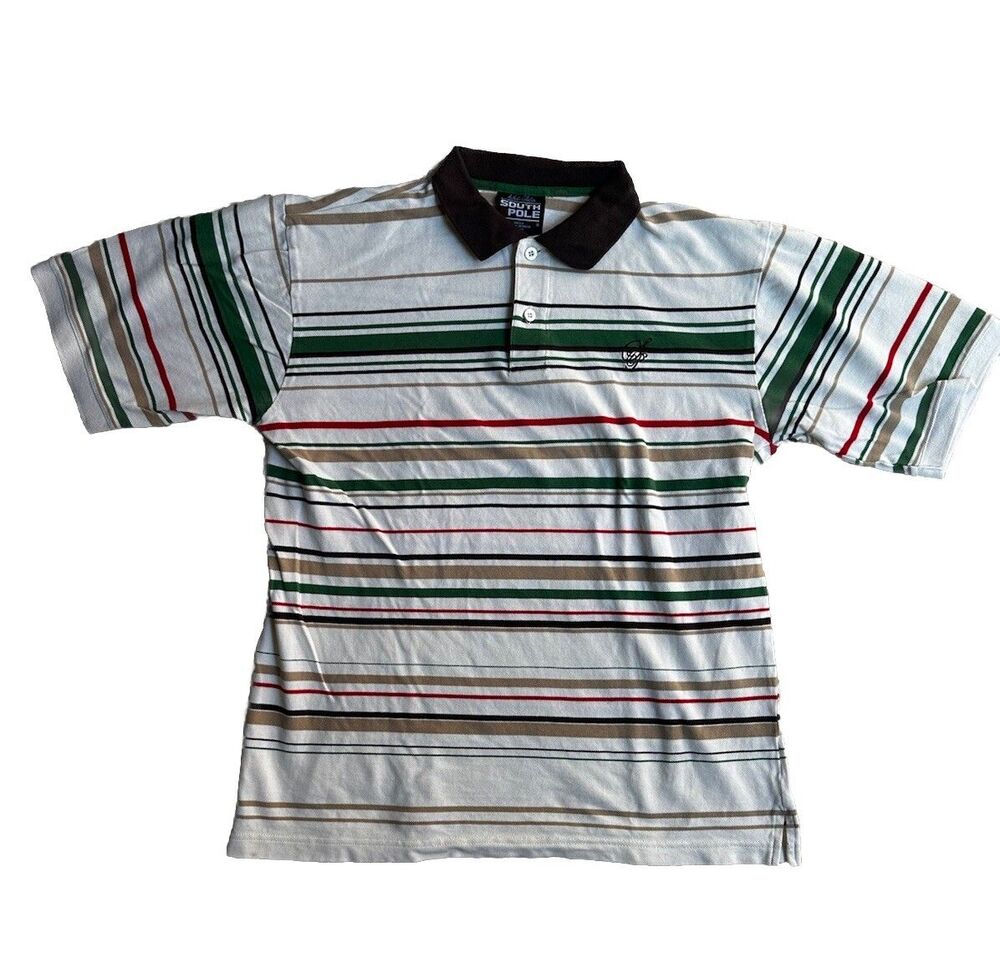 Vintage Men’s South Pole Medium Cream Khaki Polo Shirt Striped Y2K Size Medium